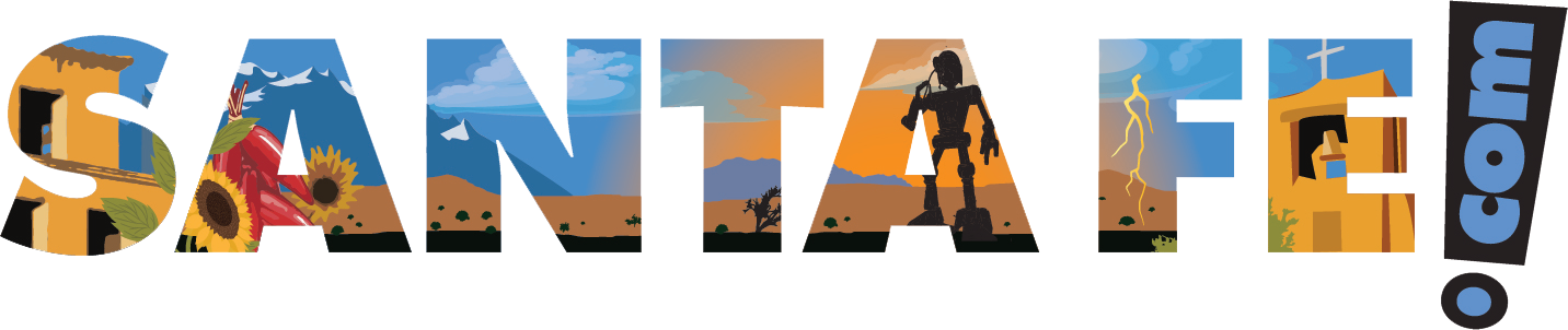 The word “SANTA FE.com” is spelled out in large block letters, each filled with illustrations of nature, landscapes, a robot statue, flowers, desert, and southwestern architecture. The word “SANTA FE.com” is spelled out in large block letters, each filled with illustrations of nature, landscapes, a robot statue, flowers, desert, and southwestern architecture.