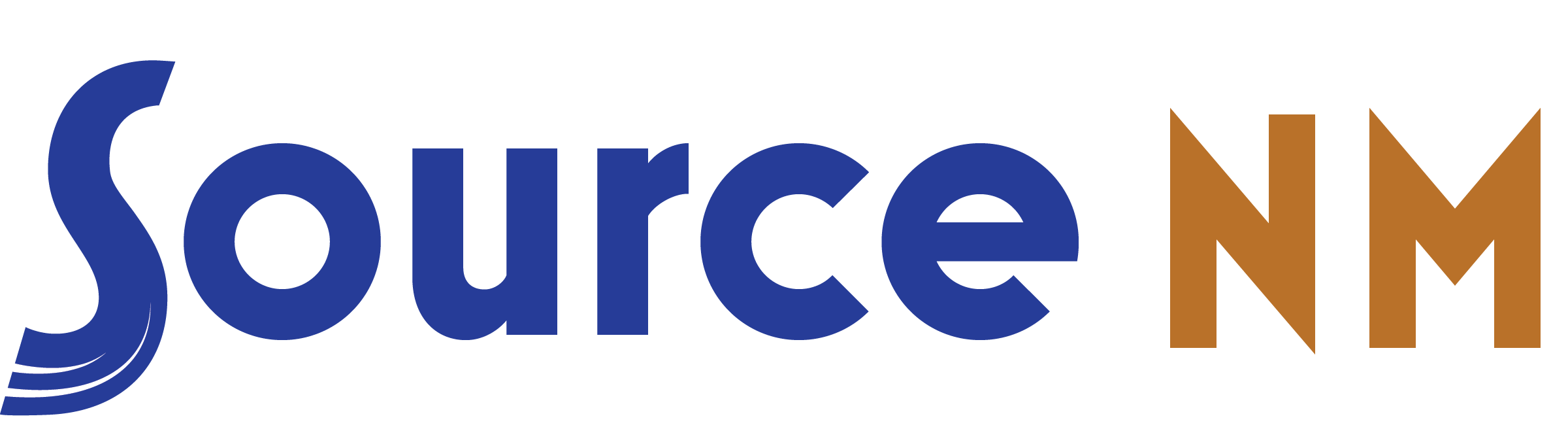 The image shows the Source NM logo with "Source" in blue letters and "NM" in orange letters. The letter "S" has three white curved lines near its base. The background is transparent. The image shows the Source NM logo with "Source" in blue letters and "NM" in orange letters. The letter "S" has three white curved lines near its base. The background is transparent.